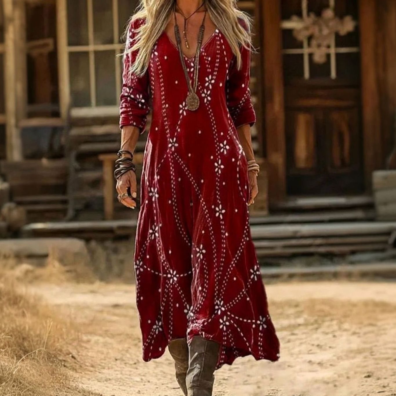 Women's Boho Dress Vintage Floral Print Long Sleeve Maxi - Red