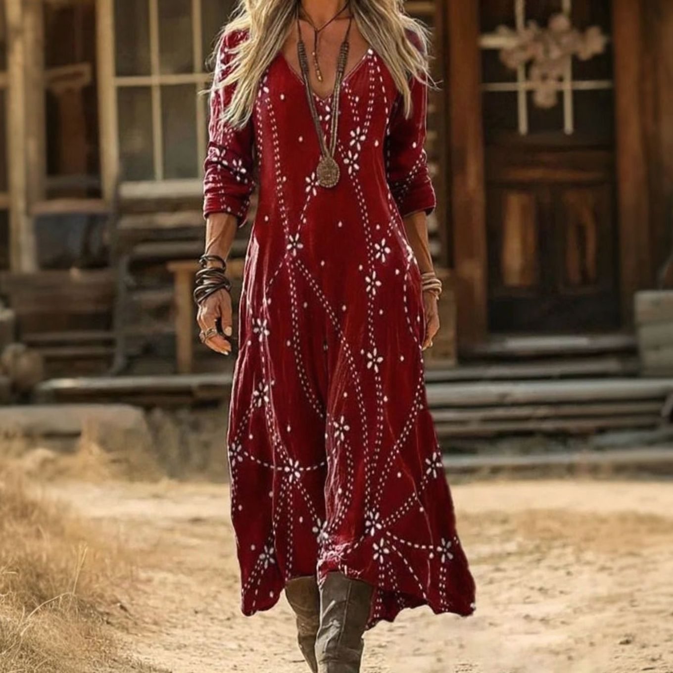 Women's Boho Dress Vintage Floral Print Long Sleeve Maxi