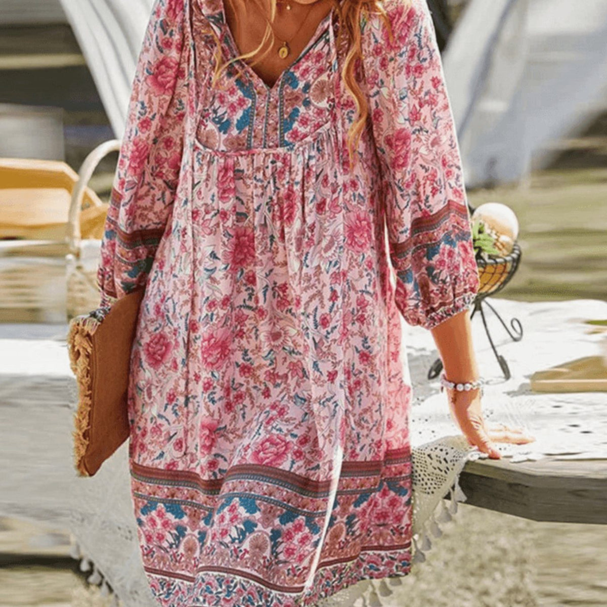 Women's Boho Floral Long-Sleeve V-Neck Casual Summer Dress - Pink
