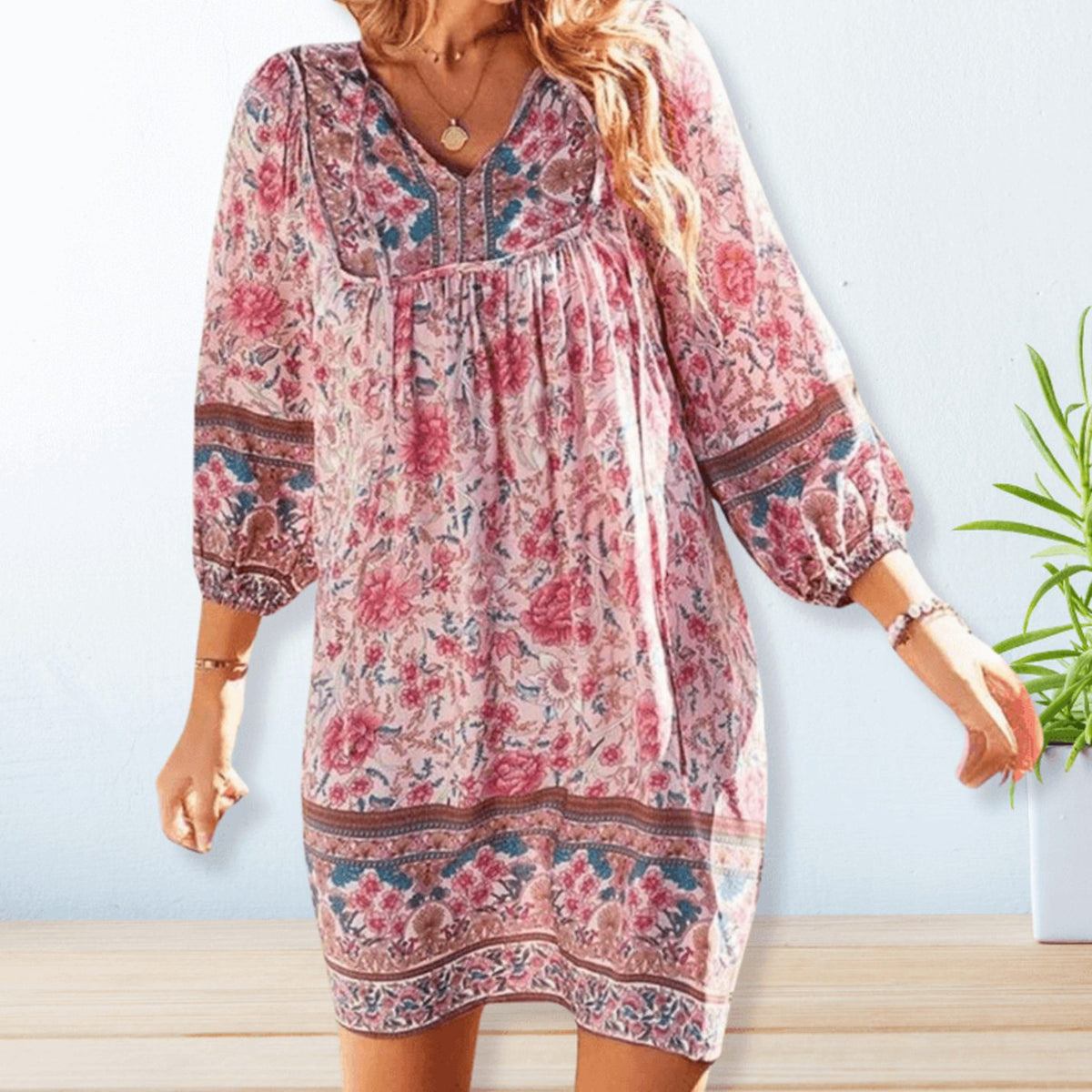 Women's Boho Floral Long-Sleeve V-Neck Casual Summer Dress