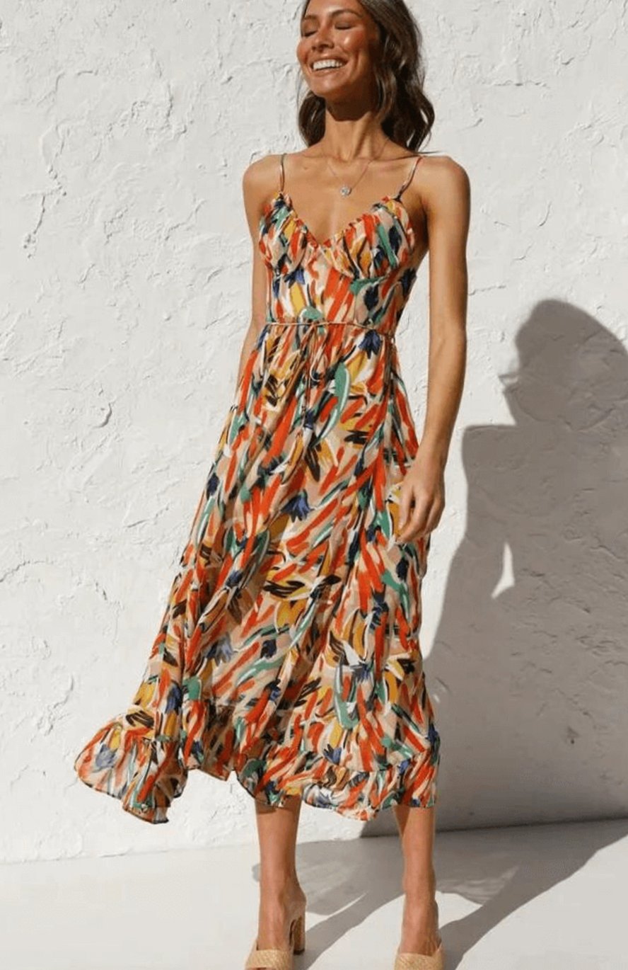 Women's Boho Floral Midi Spaghetti-Strap Flowy Summer Dress