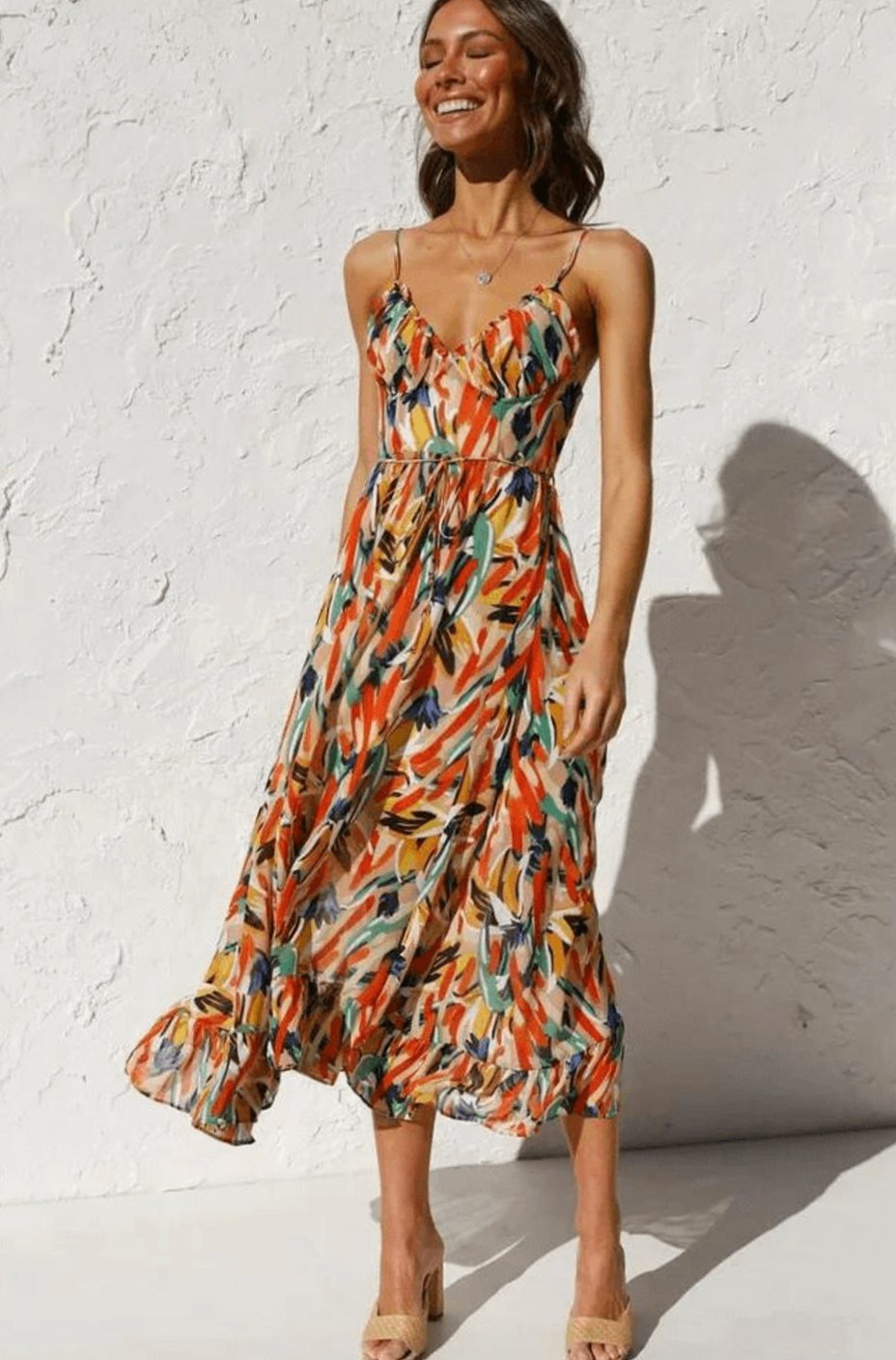 Women's Boho Floral Midi Spaghetti-Strap Flowy Summer Dress - Orange