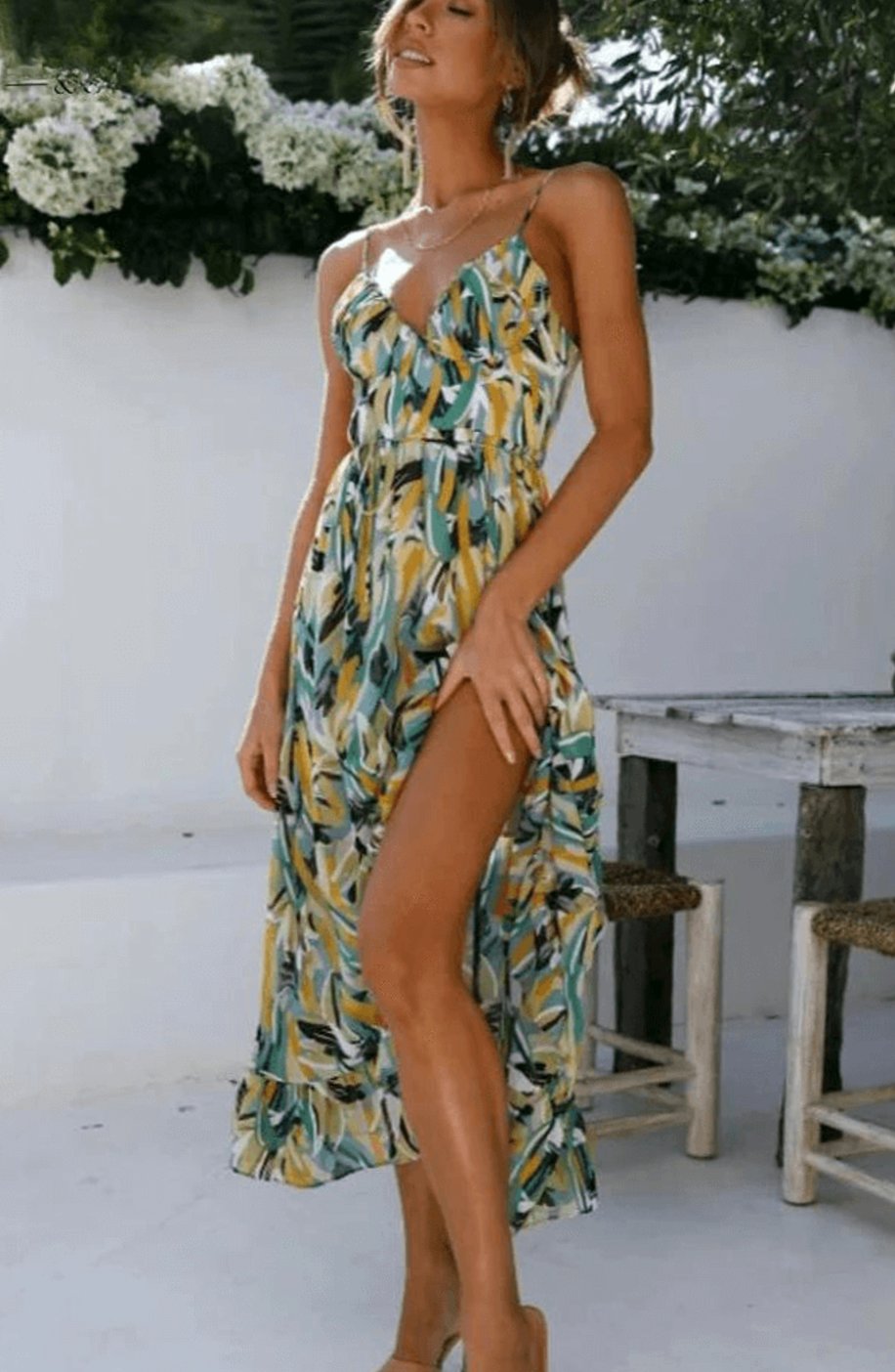 Women's Boho Floral Midi Spaghetti-Strap Flowy Summer Dress