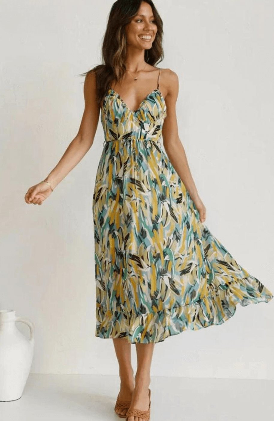 Women's Boho Floral Midi Spaghetti-Strap Flowy Summer Dress