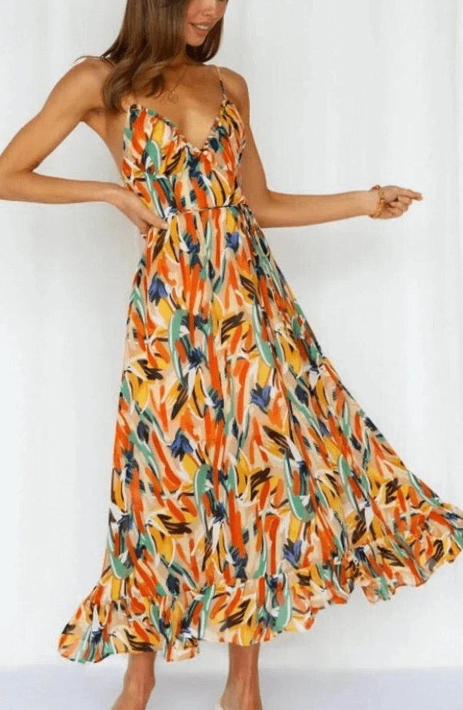 Women's Boho Floral Midi Spaghetti-Strap Flowy Summer Dress