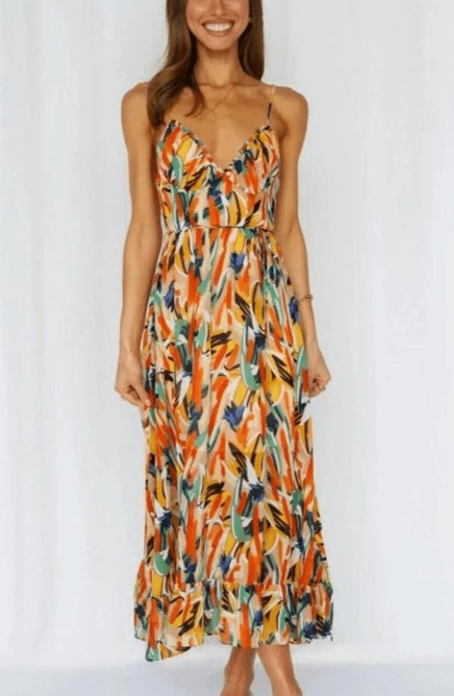 Women's Boho Floral Midi Spaghetti-Strap Flowy Summer Dress