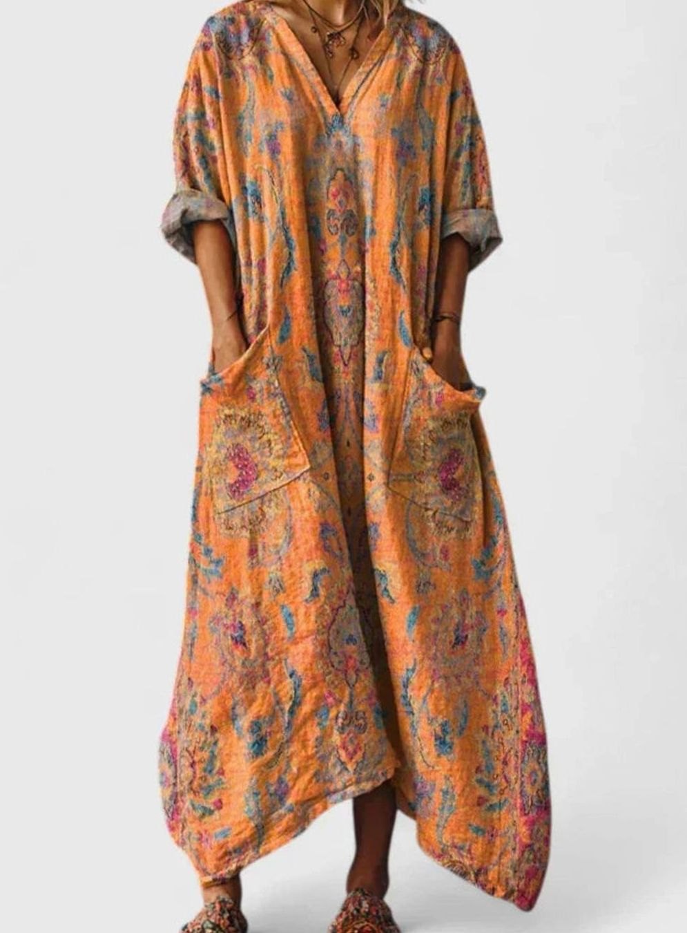 Women's Boho Floral Oversized V-Neck Maxi Pocket Dress - Orange