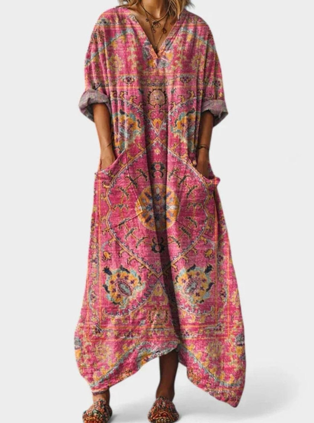 Women's Boho Floral Oversized V-Neck Maxi Pocket Dress - Red