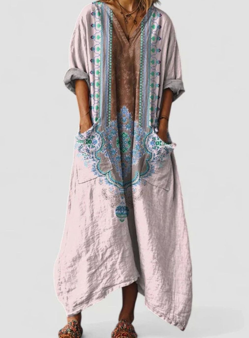 Women's Boho Floral Oversized V-Neck Maxi Pocket Dress - Pink Green