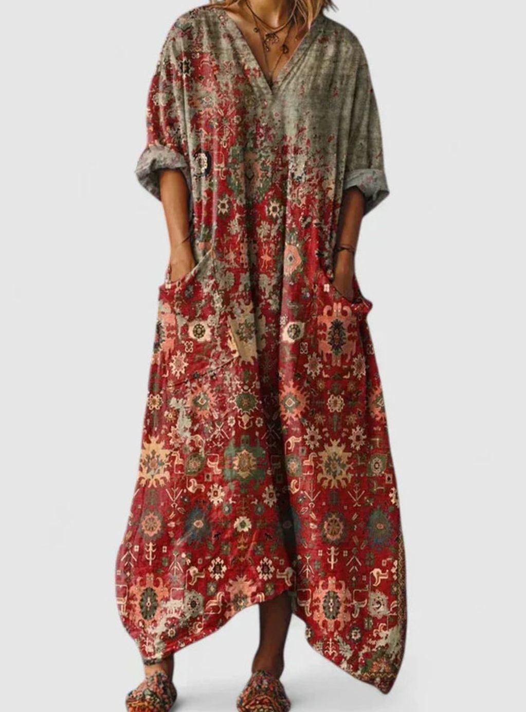 Women's Boho Floral Oversized V-Neck Maxi Pocket Dress - Red Carpet
