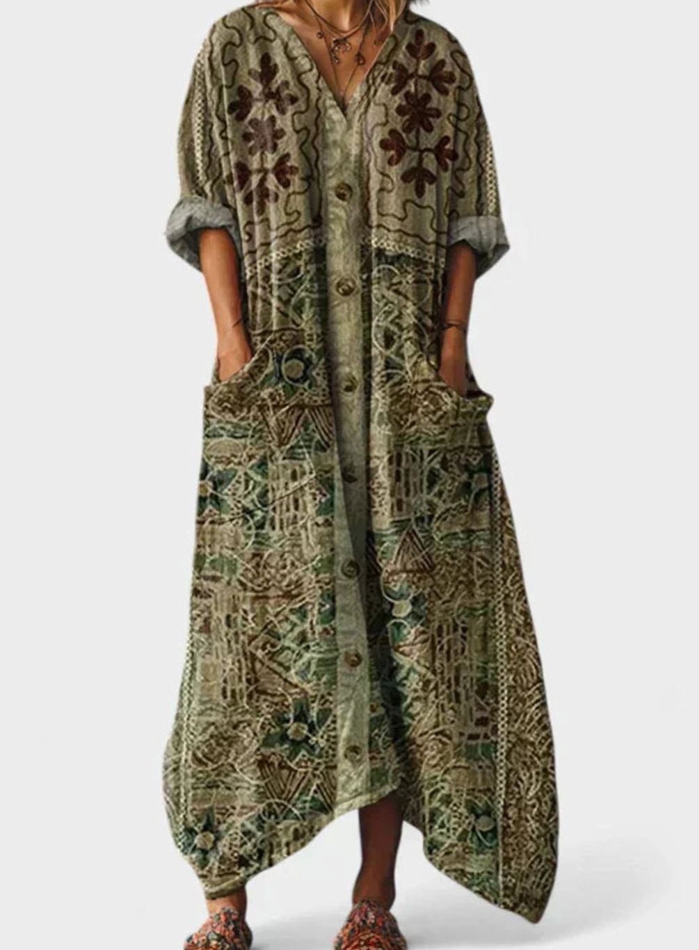 Women's Boho Floral Oversized V-Neck Maxi Pocket Dress - Green