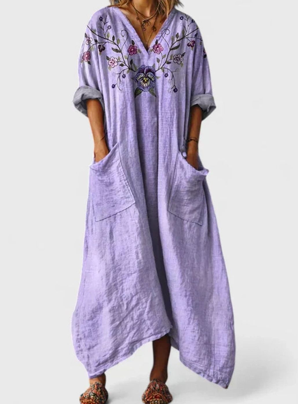 Women's Boho Floral Oversized V-Neck Maxi Pocket Dress - Purple