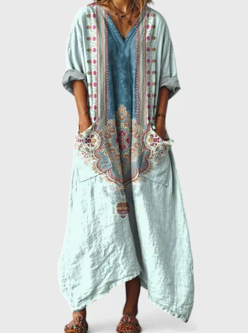 Women's Boho Floral Oversized V-Neck Maxi Pocket Dress
