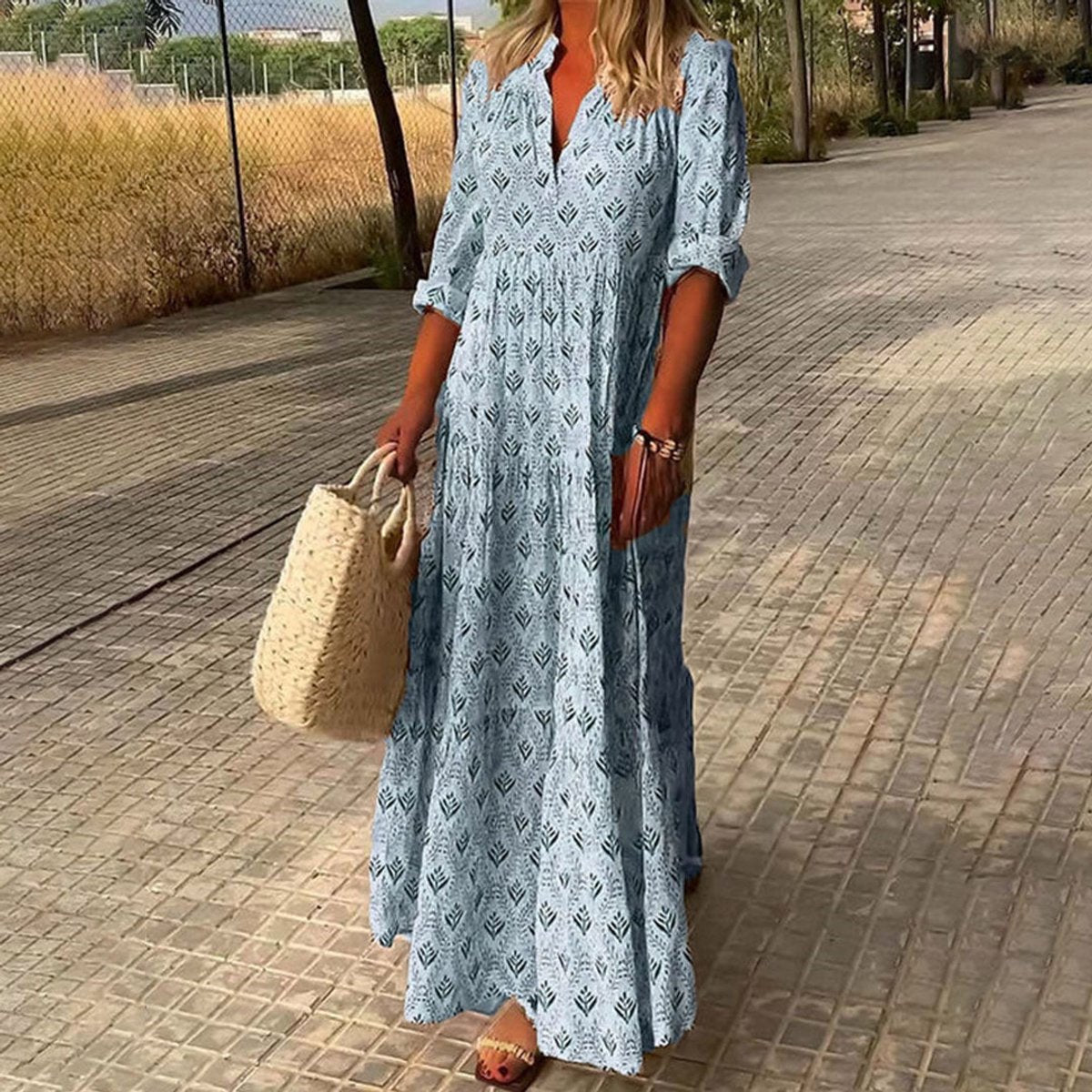 Women's Boho Floral Print V Neck Dress Tiered Maxi - Blue