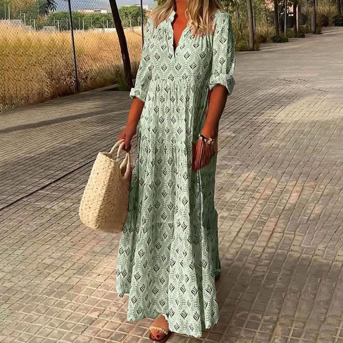 Women's Boho Floral Print V Neck Dress Tiered Maxi - Green