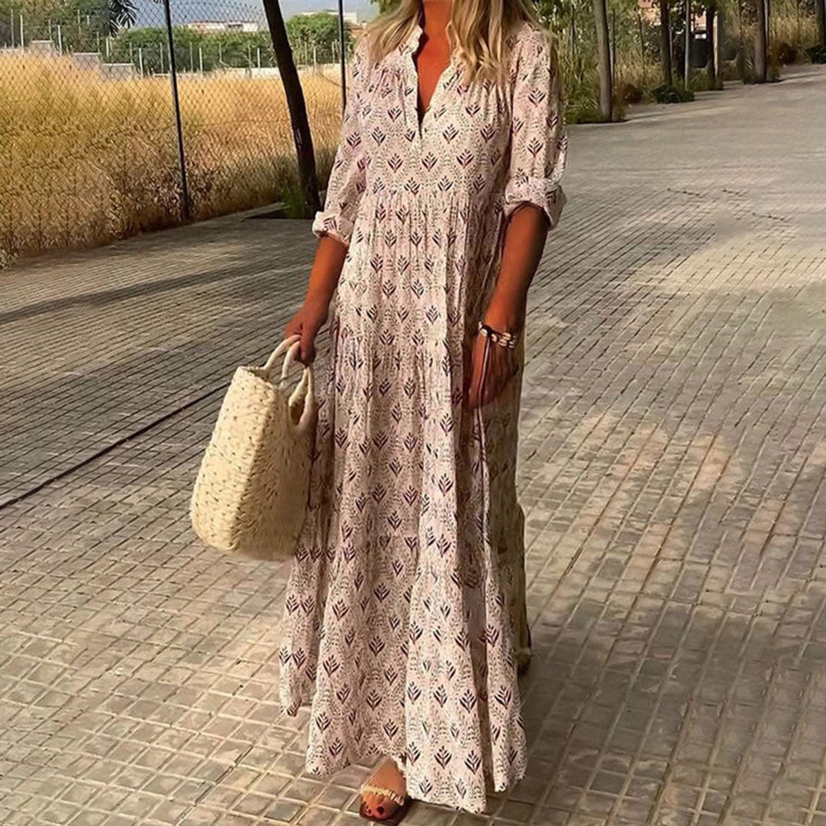Women's Boho Floral Print V Neck Dress Tiered Maxi - Pink
