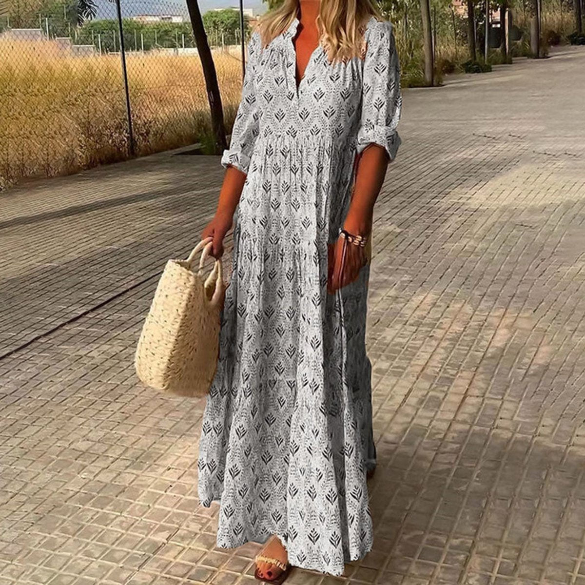 Women's Boho Floral Print V Neck Dress Tiered Maxi - Grey