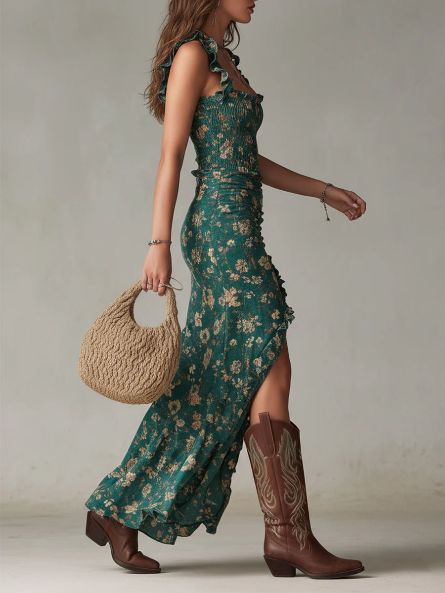 Women's Boho Floral Smocked Ruffle-Strap Maxi Dresses