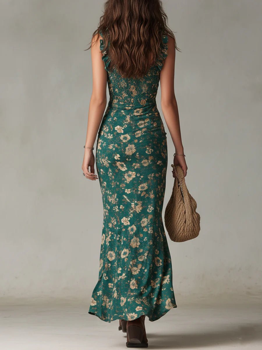 Women's Boho Floral Smocked Ruffle-Strap Maxi Dresses