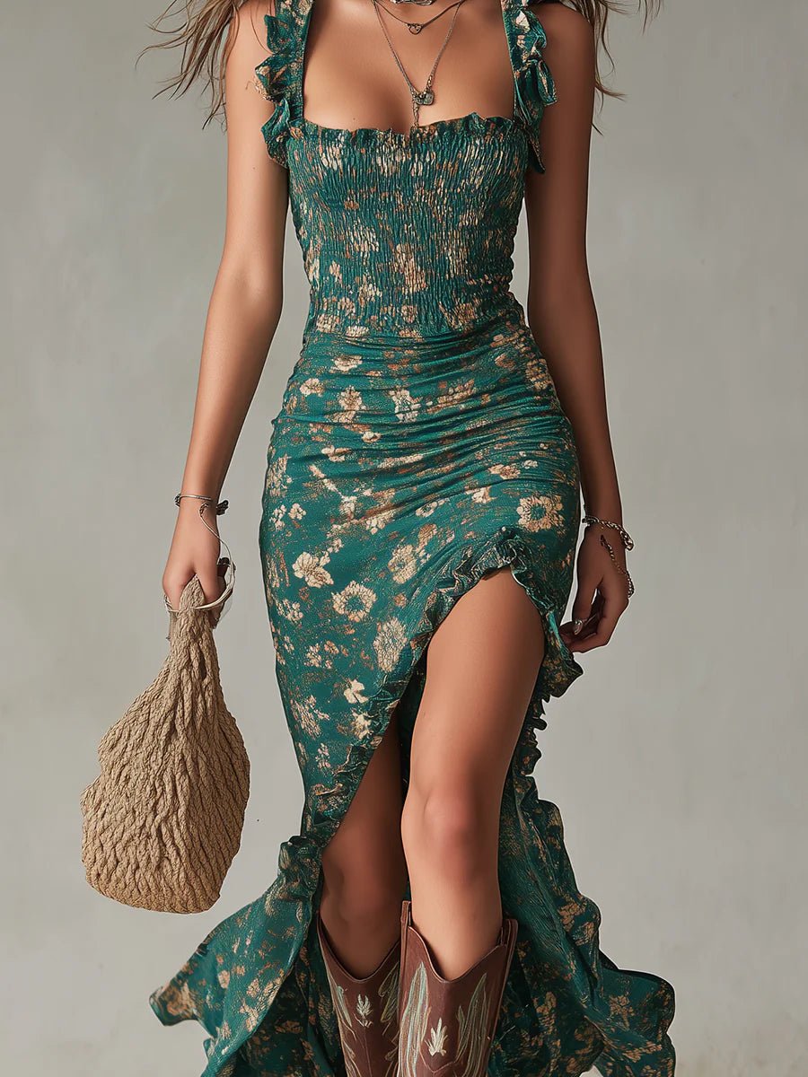 Women's Boho Floral Smocked Ruffle-Strap Maxi Dresses