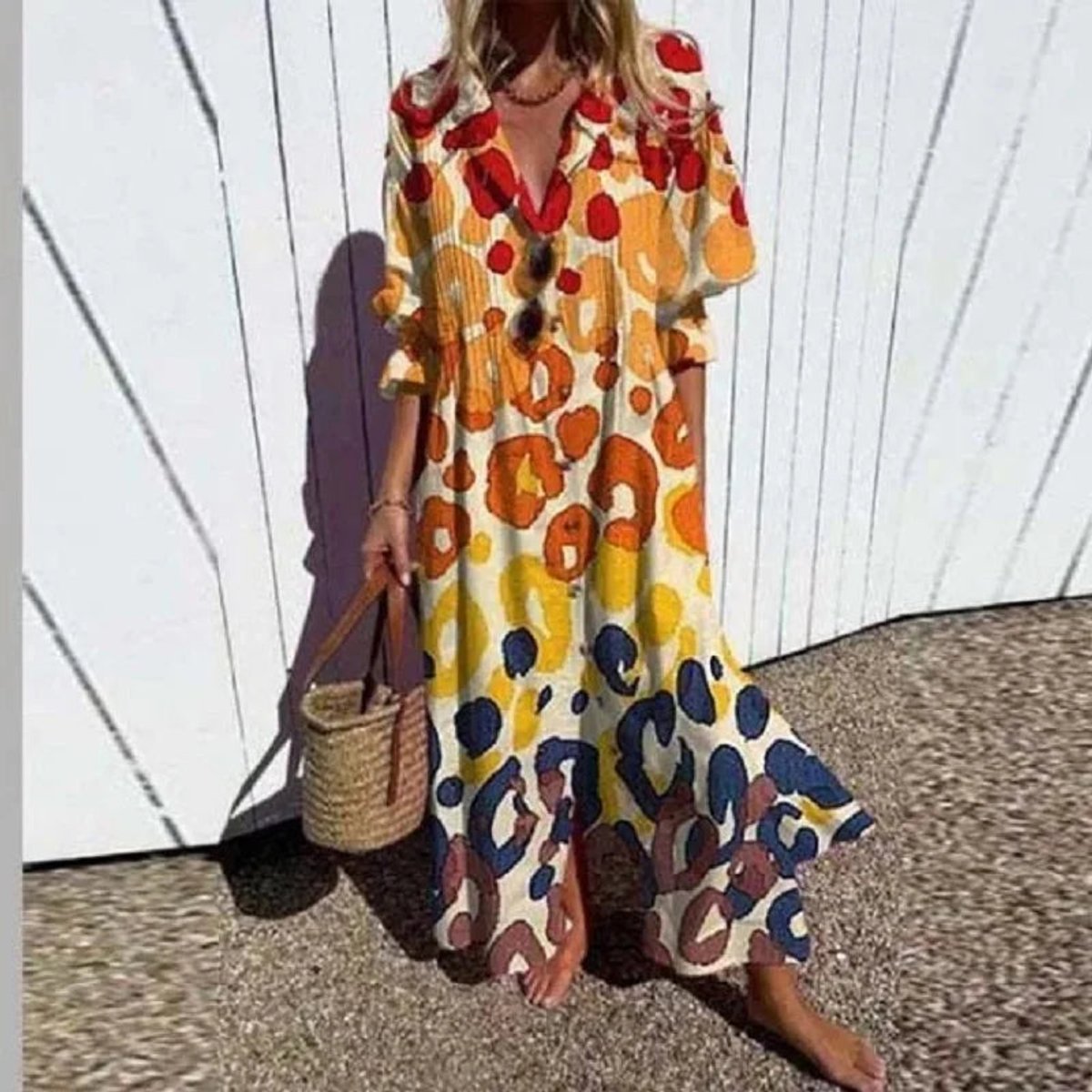 Women's Boho Floral Summer Dress Flowing V-Neck Maxi - Yellow
