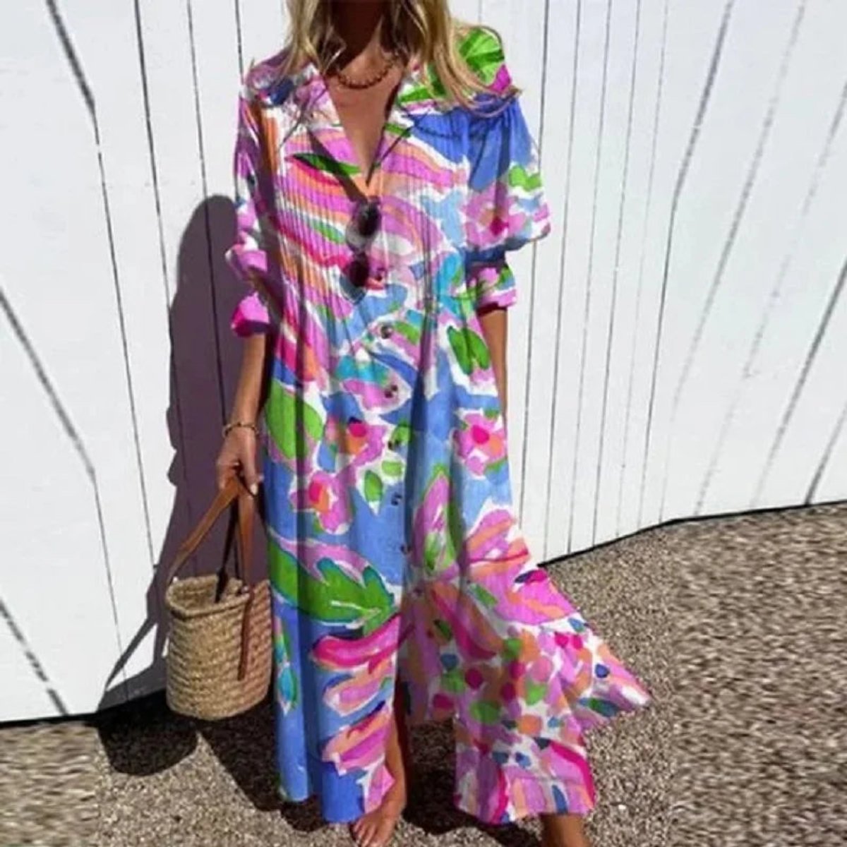 Women's Boho Floral Summer Dress Flowing V-Neck Maxi - Pink