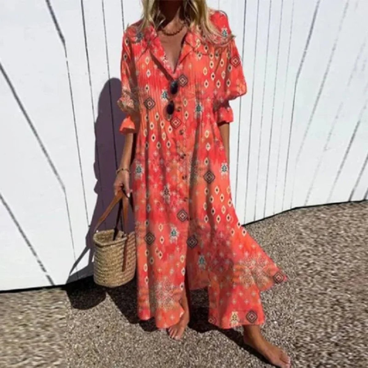 Women's Boho Floral Summer Dress Flowing V-Neck Maxi - Red