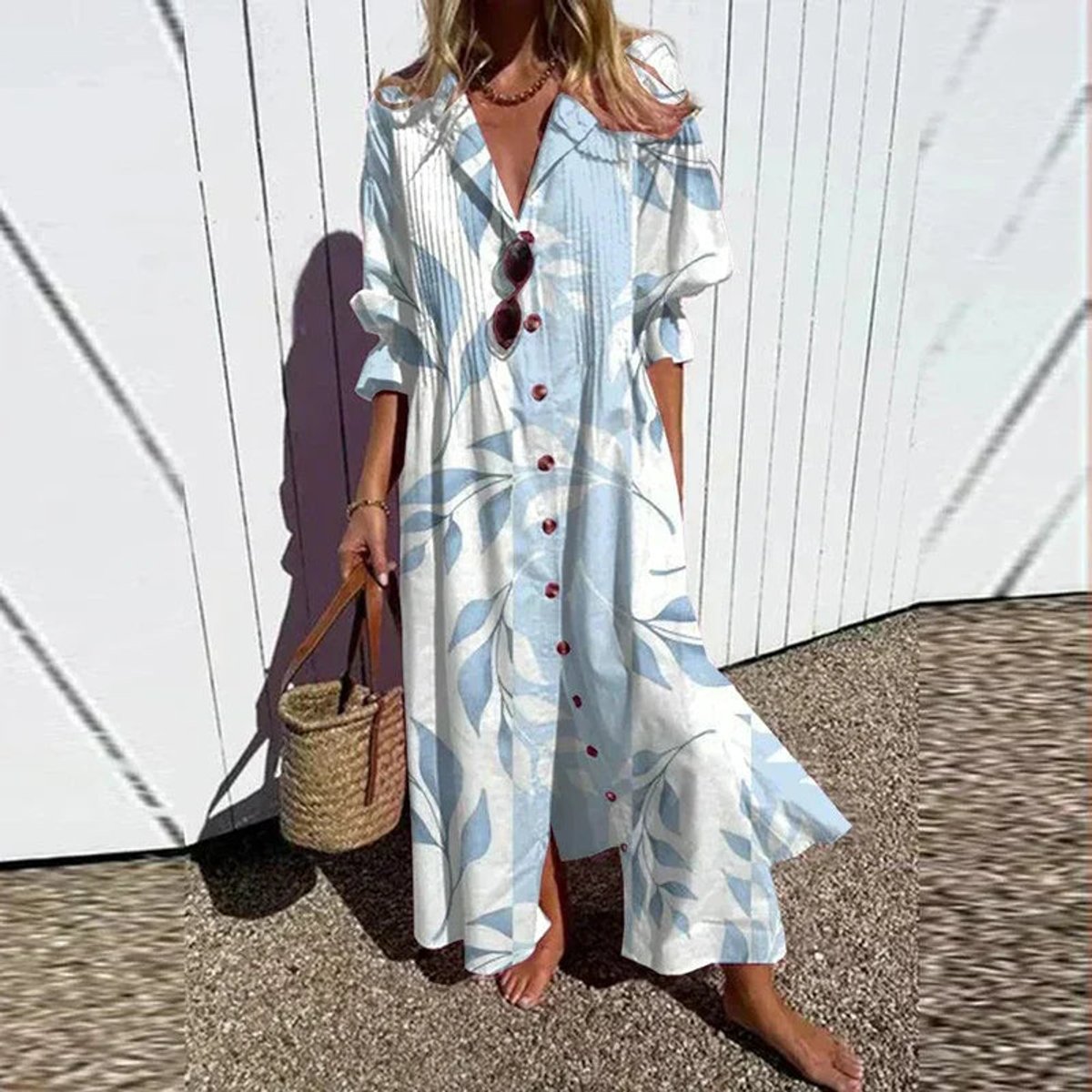 Women's Boho Floral Summer Dress Flowing V-Neck Maxi - Light Blue