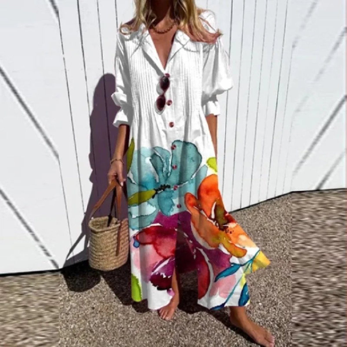 Women's Boho Floral Summer Dress Flowing V-Neck Maxi - White