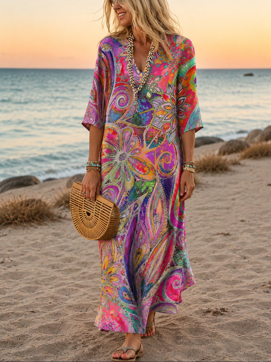 Women's Boho Floral Summer Dress Loose-Fit V-Neck Maxi - Vibrant Multicolour