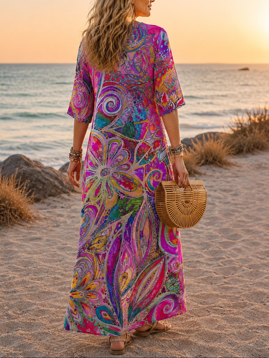 Women's Boho Floral Summer Dress Loose-Fit V-Neck Maxi