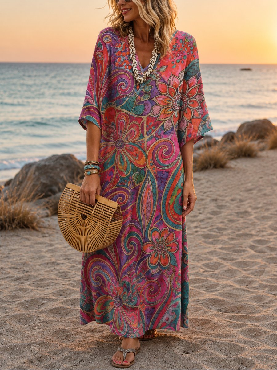 Women's Boho Floral Summer Dress Loose-Fit V-Neck Maxi - Vintage Multicolour