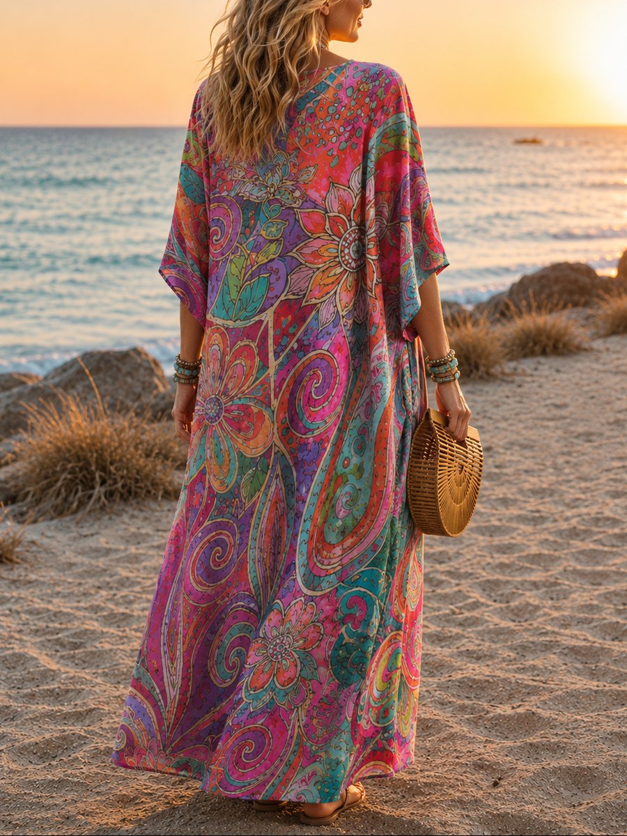 Women's Boho Floral Summer Dress Loose-Fit V-Neck Maxi