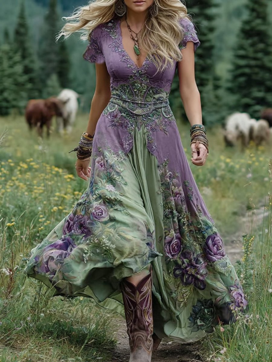 Women's Boho Floral Summer Dress V-Neck Short Sleeve Maxi - Lilac
