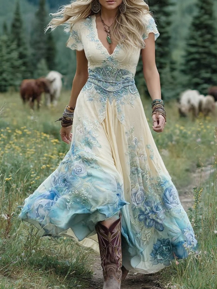 Women's Boho Floral Summer Dress V-Neck Short Sleeve Maxi - Apricot