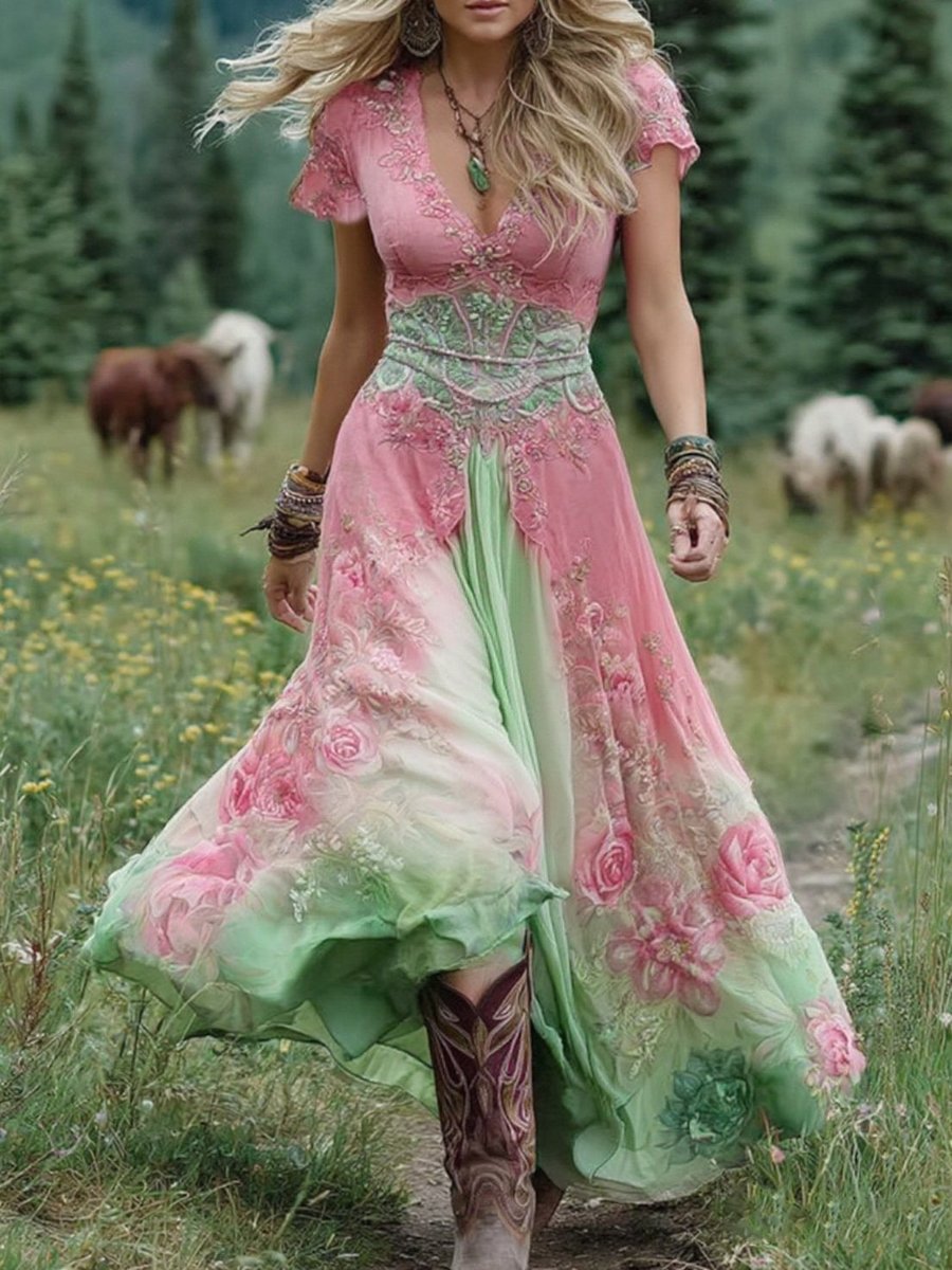 Women's Boho Floral Summer Dress V-Neck Short Sleeve Maxi - Pink