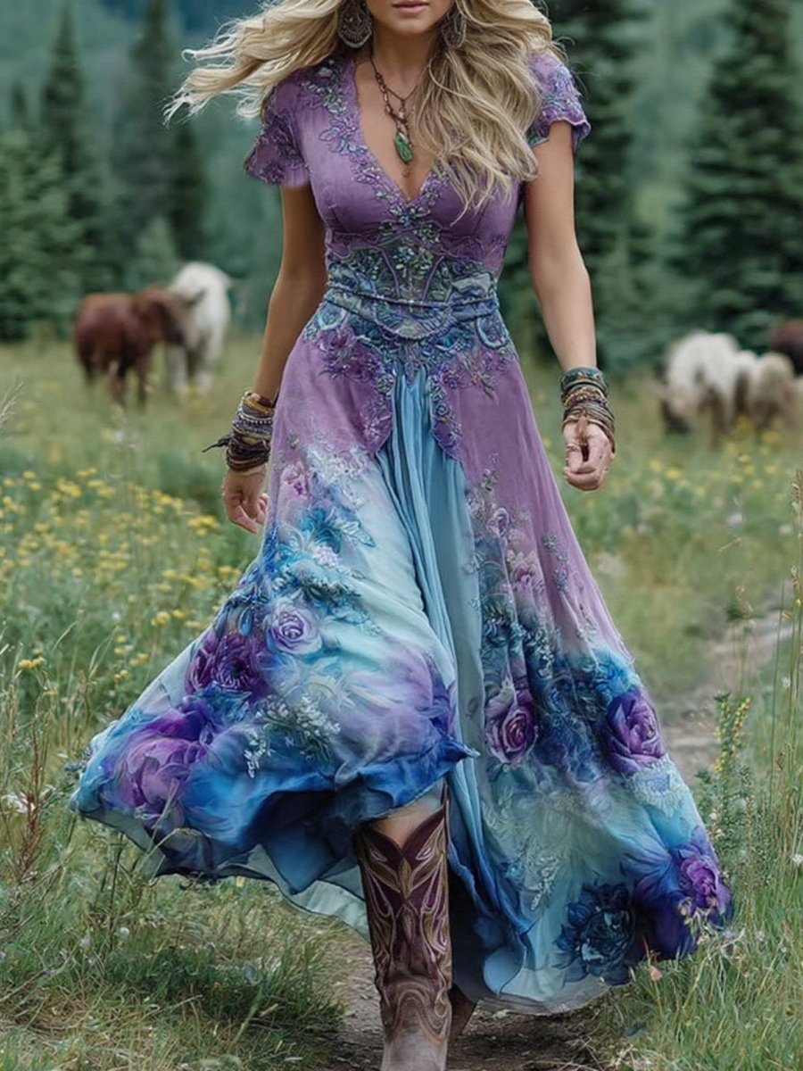 Women's Boho Floral Summer Dress V-Neck Short Sleeve Maxi - Blue