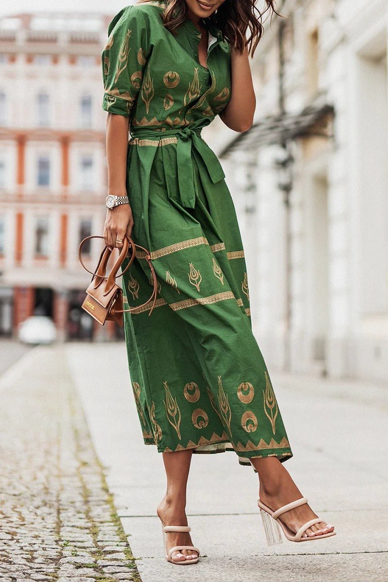 Women's Boho Geometric Print Three-Quarter Sleeve Belted Midi Dress - Green