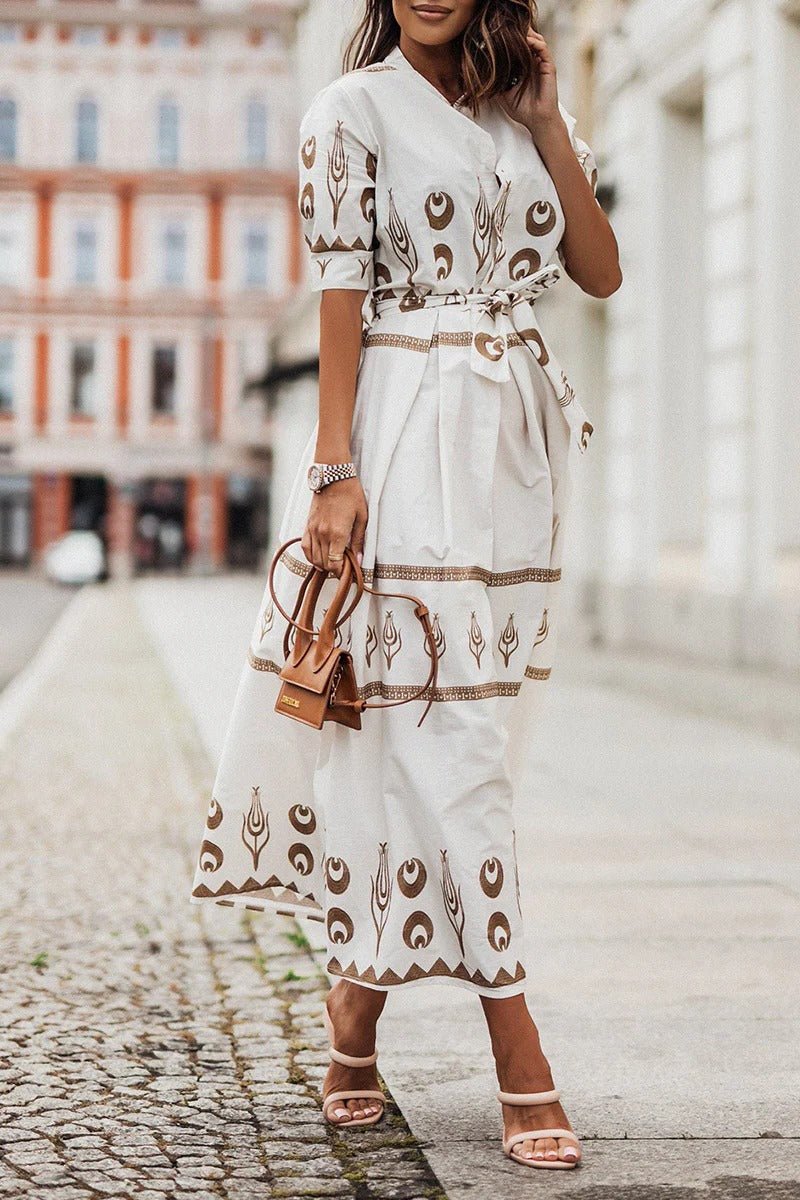 Women's Boho Geometric Print Three-Quarter Sleeve Belted Midi Dress - White