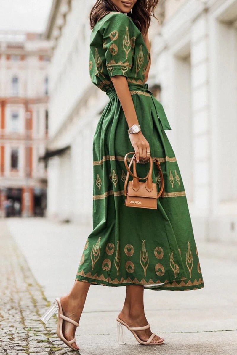 Women's Boho Geometric Print Three-Quarter Sleeve Belted Midi Dress