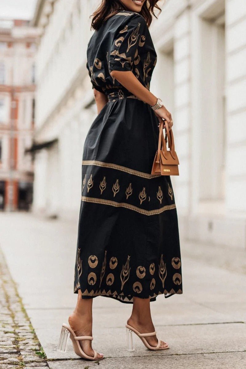 Women's Boho Geometric Print Three-Quarter Sleeve Belted Midi Dress