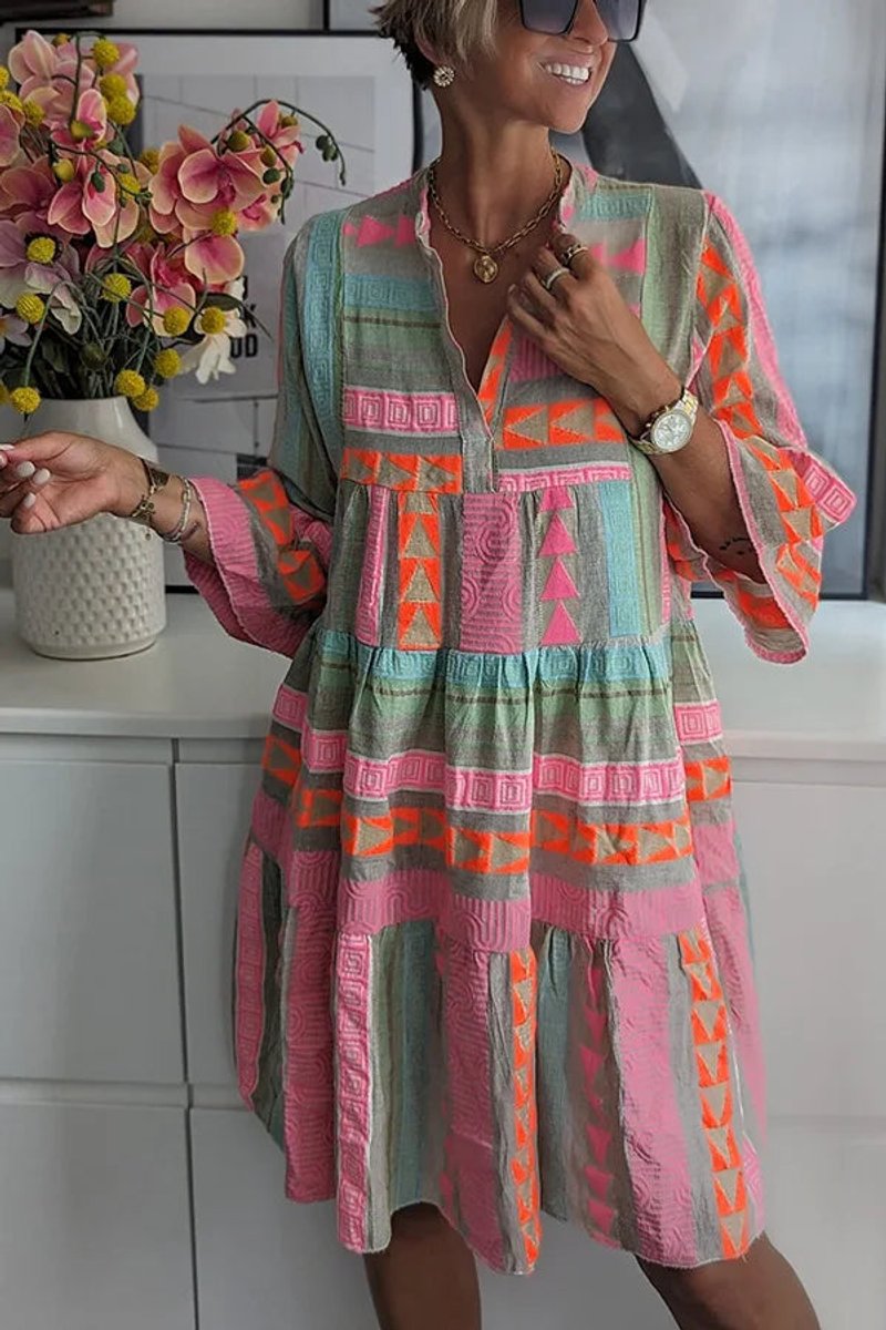 Women's Boho Geometric Print Tiered V Neck Dress 3/4 Sleeve