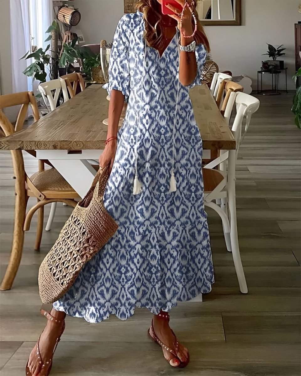 Women's Boho Ikat-Print Relaxed-Fit Tassel Maxi Dress - Blue (Almost sold out)