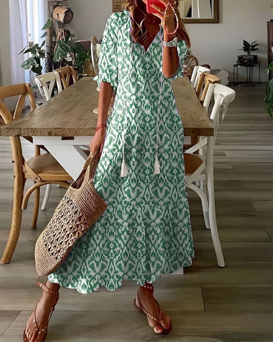 Women's Boho Ikat-Print Relaxed-Fit Tassel Maxi Dress - Green (Almost sold out)