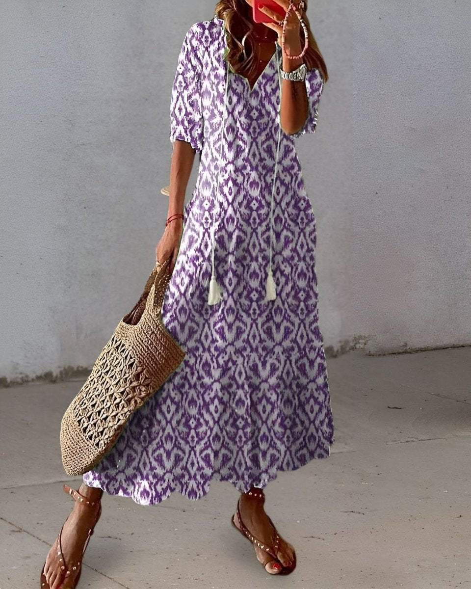 Women's Boho Ikat-Print Relaxed-Fit Tassel Maxi Dress - Purple