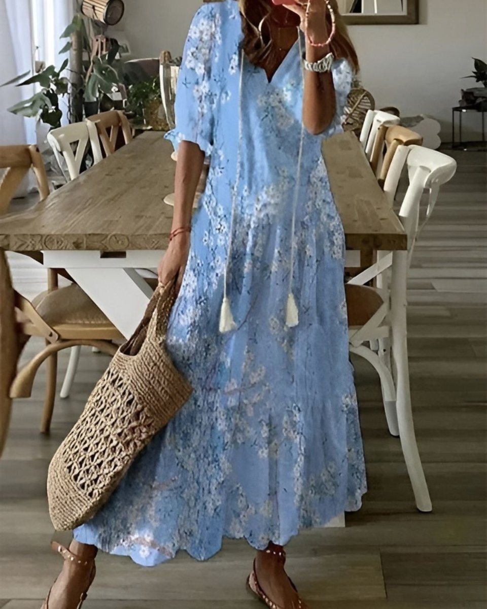 Women's Boho Ikat-Print Relaxed-Fit Tassel Maxi Dress - Light Blue