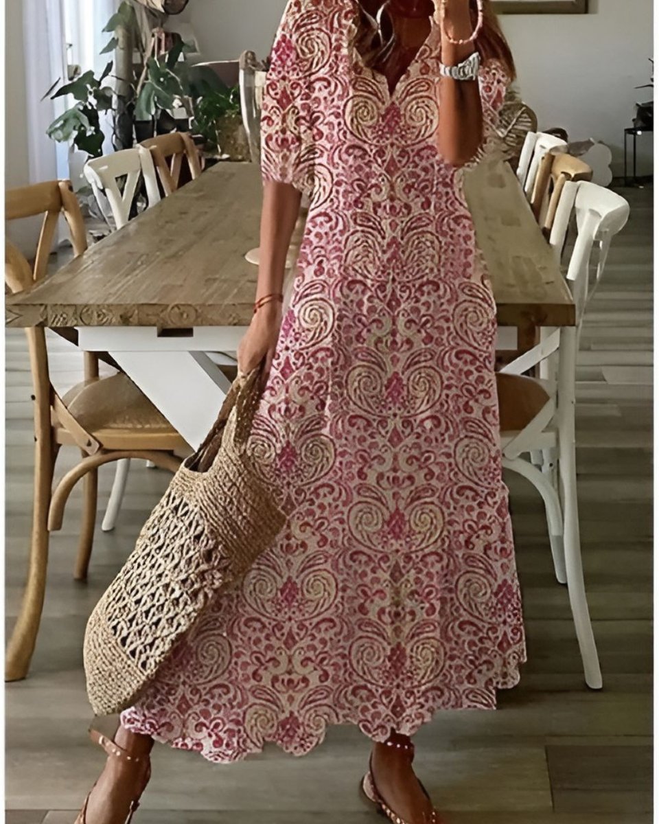 Women's Boho Ikat-Print Relaxed-Fit Tassel Maxi Dress - Red