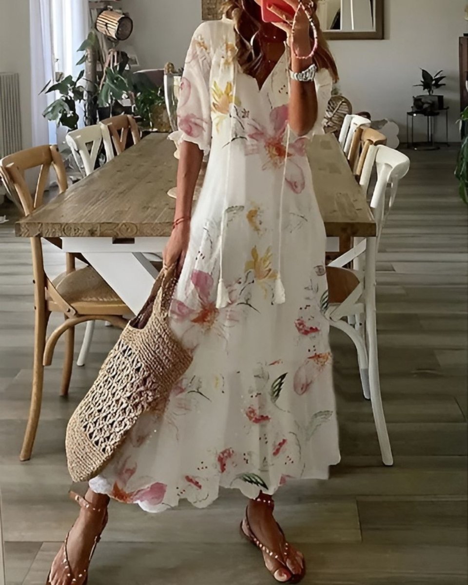 Women's Boho Ikat-Print Relaxed-Fit Tassel Maxi Dress - White 1 (Almost sold out)