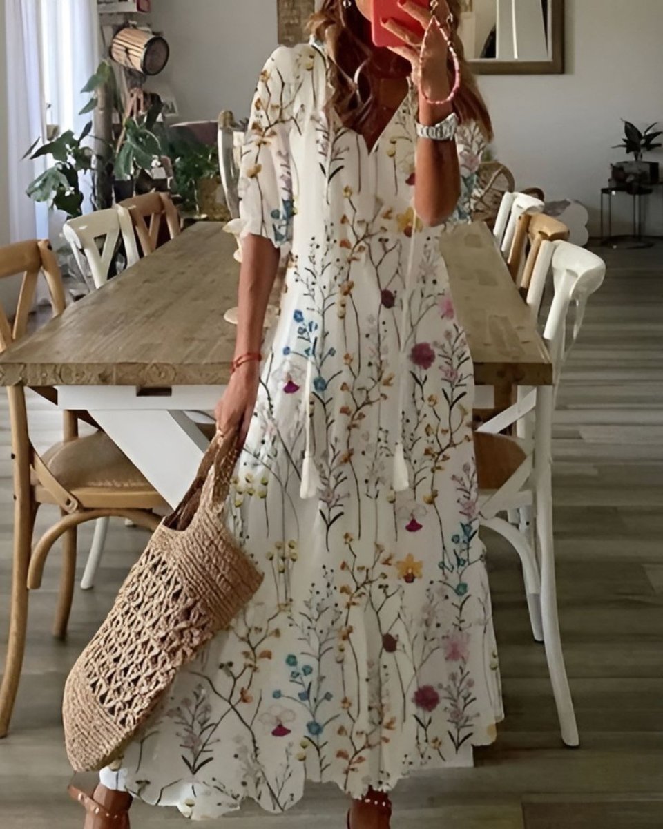 Women's Boho Ikat-Print Relaxed-Fit Tassel Maxi Dress - White 2