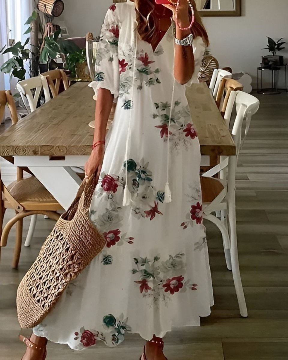 Women's Boho Ikat-Print Relaxed-Fit Tassel Maxi Dress - White 3